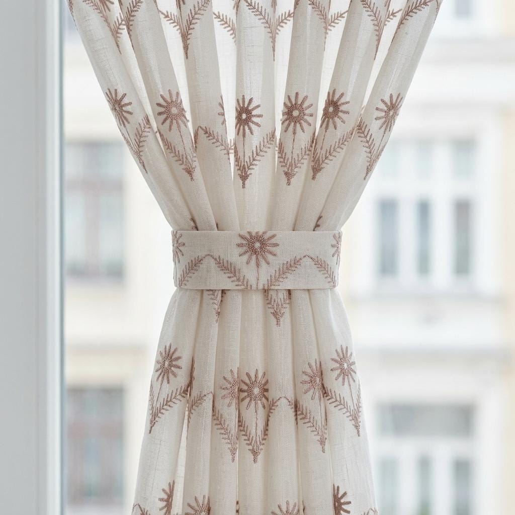 White Pure Linen Sheer Curtains, Dusty Rose Embroidered Daisy Floral, Custom Light Filtering Drapes — image 2