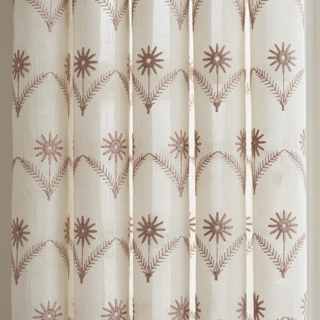White Pure Linen Sheer Curtains, Dusty Rose Embroidered Daisy Floral, Custom Light Filtering Drapes — image 7