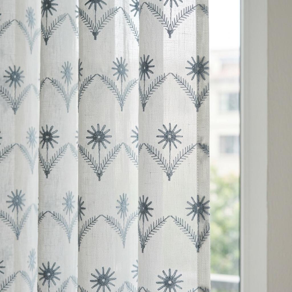White Pure Linen Sheer Curtains, Dusty Blue Embroidered Daisy Floral, Custom Light Filtering Drapes — image 1