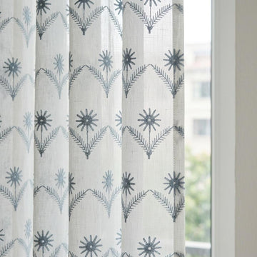 White Pure Linen Sheer Curtains, Dusty Blue Embroidered Daisy Floral, Custom Light Filtering Drapes — image 1