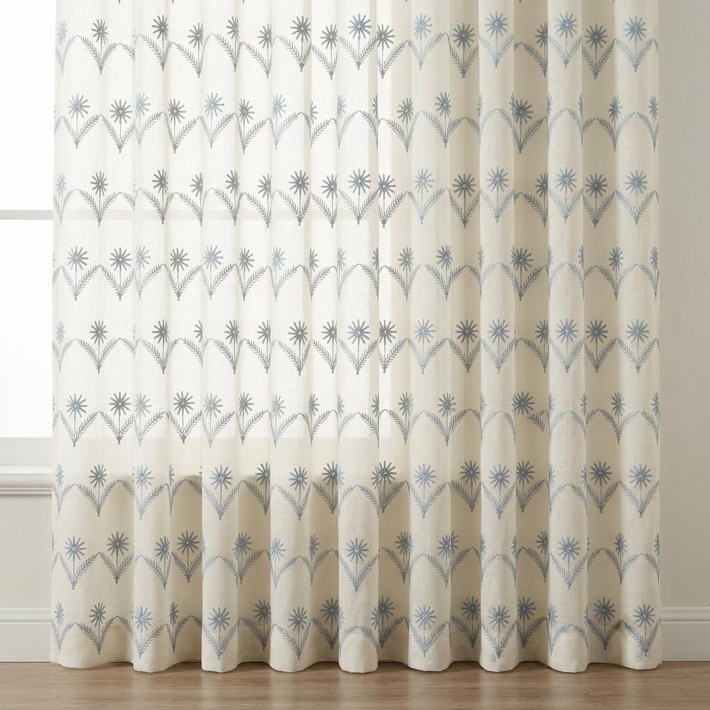 White Pure Linen Sheer Curtains, Dusty Blue Embroidered Daisy Floral, Custom Light Filtering Drapes — image 4