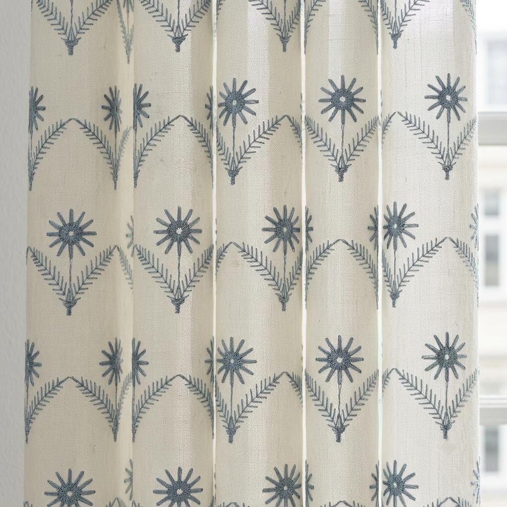 White Pure Linen Sheer Curtains, Dusty Blue Embroidered Daisy Floral, Custom Light Filtering Drapes — image 6