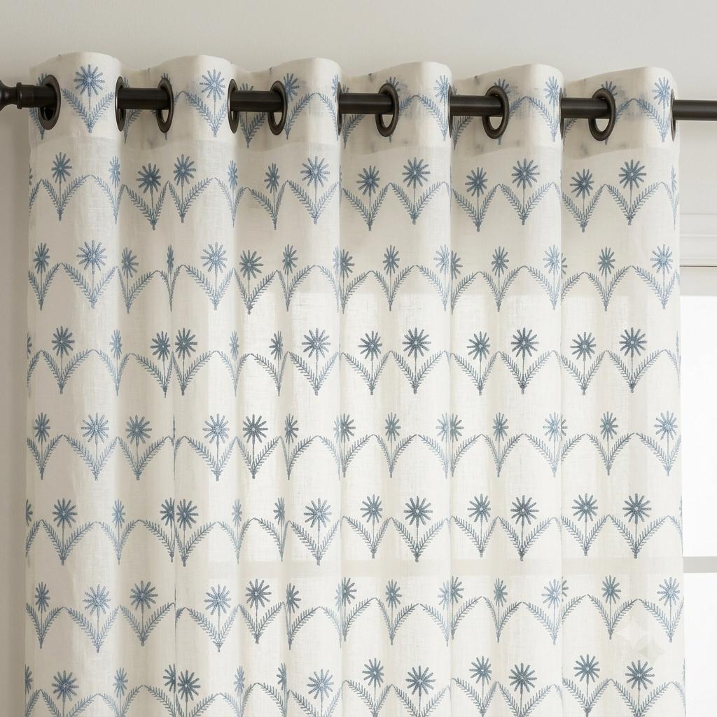 White Pure Linen Sheer Curtains, Dusty Blue Embroidered Daisy Floral, Custom Light Filtering Drapes — image 10