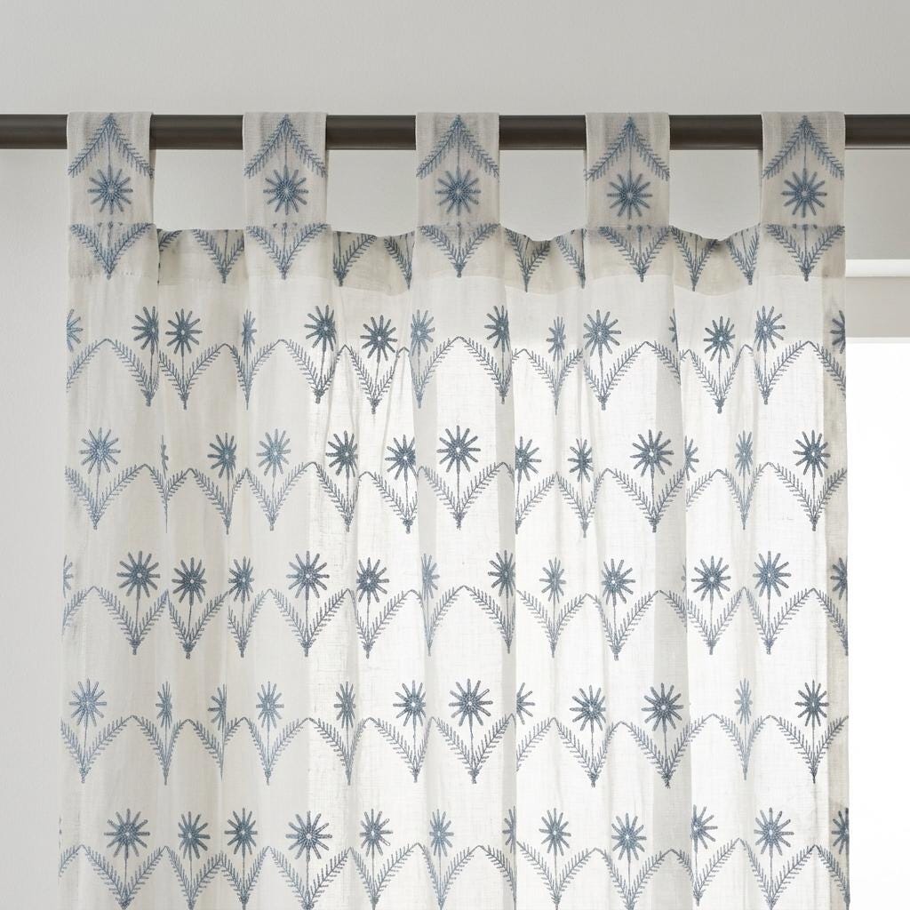White Pure Linen Sheer Curtains, Dusty Blue Embroidered Daisy Floral, Custom Light Filtering Drapes — image 8