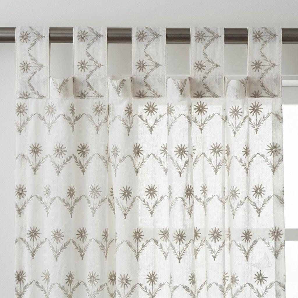 White Pure Linen Sheer Curtains, Greige Taupe Embroidered Daisy Floral, Custom Light Filtering Drapes — image 8