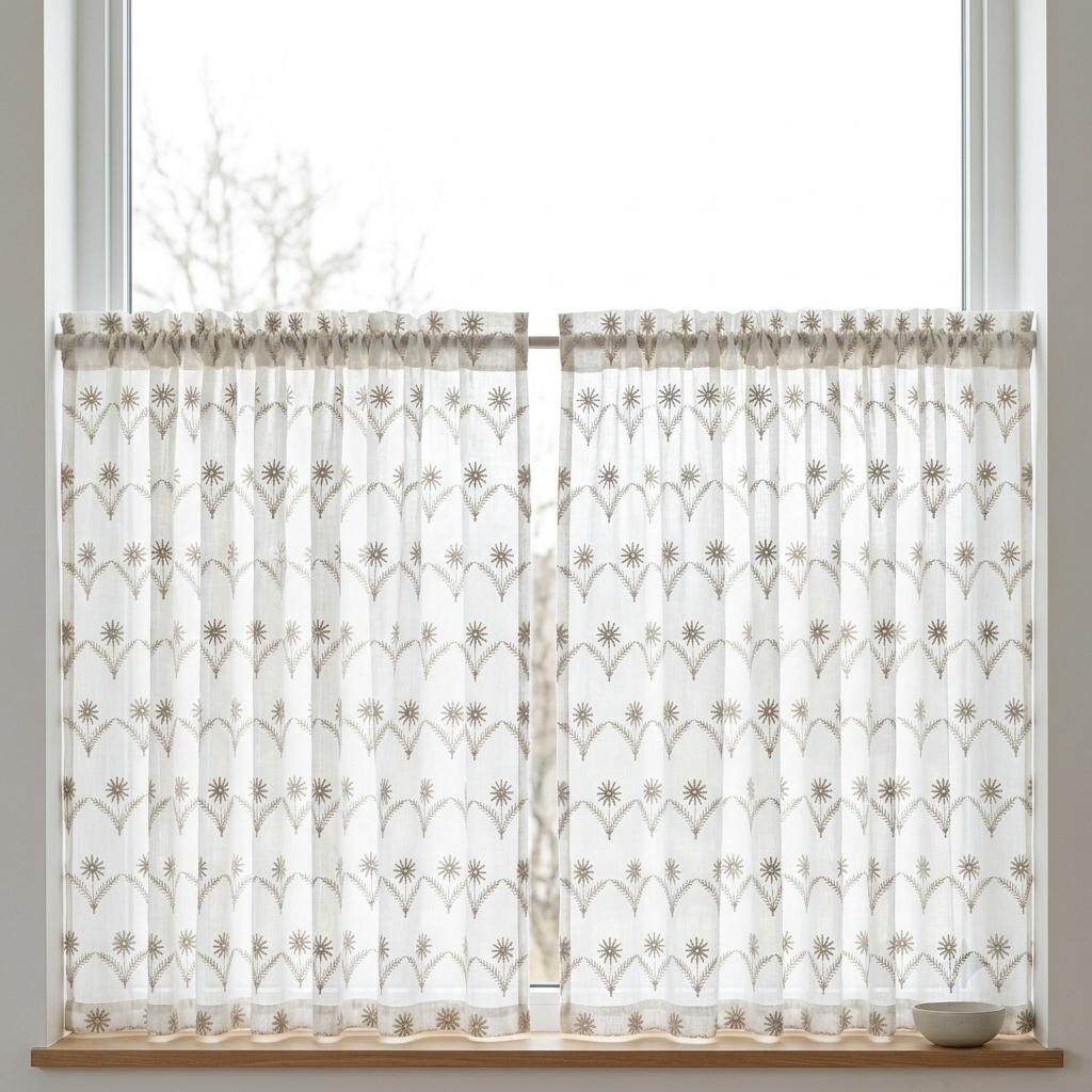 White Pure Linen Sheer Curtains, Greige Taupe Embroidered Daisy Floral, Custom Light Filtering Drapes — image 7