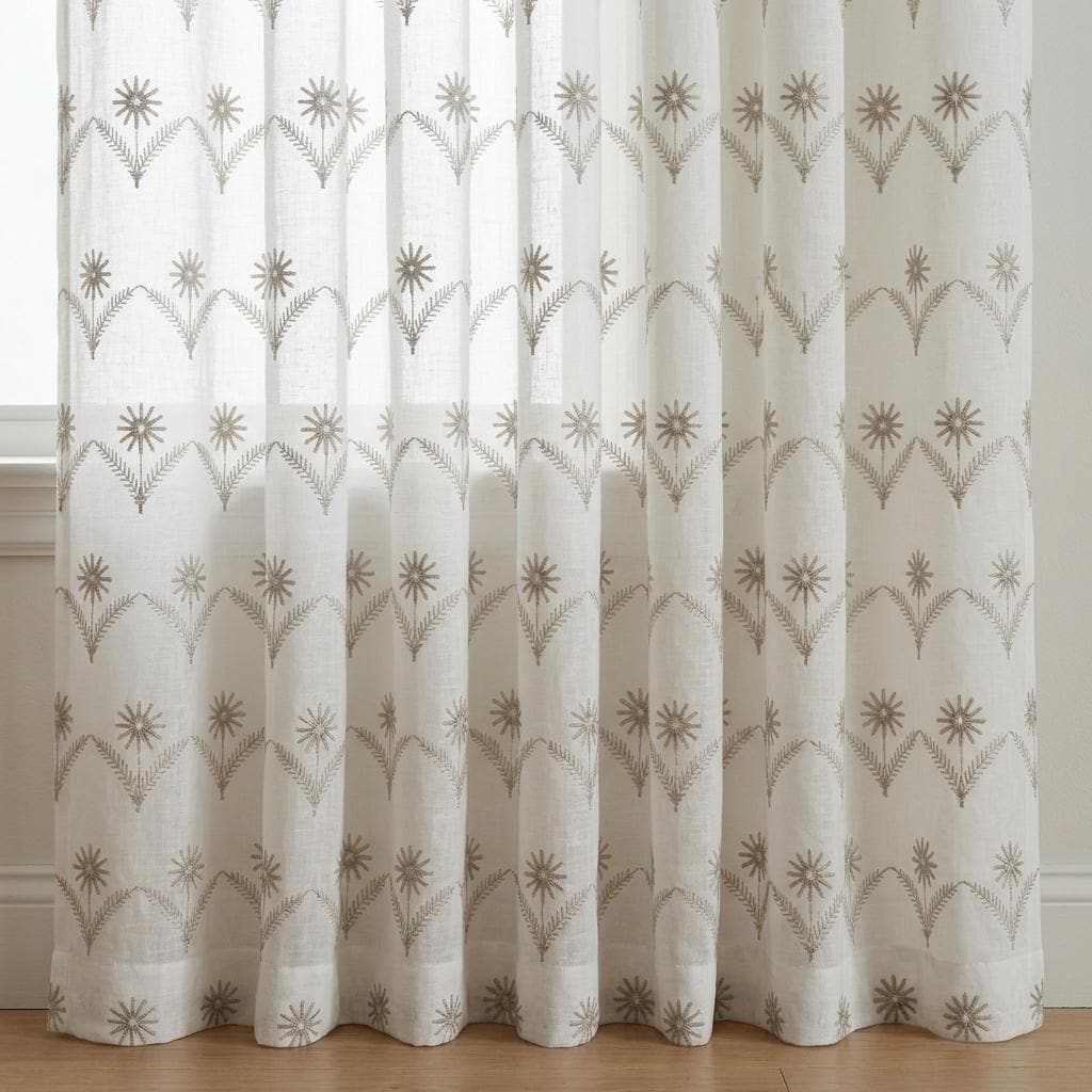 White Pure Linen Sheer Curtains, Greige Taupe Embroidered Daisy Floral, Custom Light Filtering Drapes — image 4