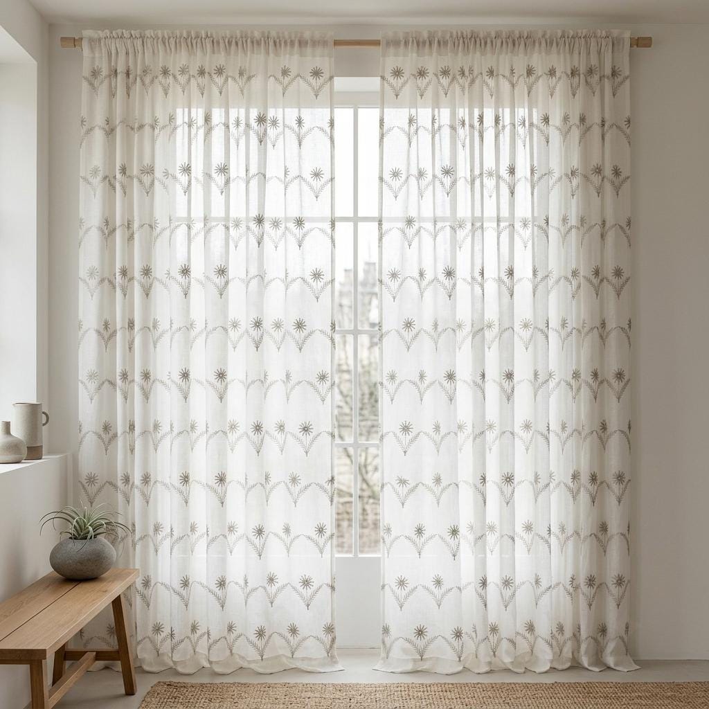 White Pure Linen Sheer Curtains, Greige Taupe Embroidered Daisy Floral, Custom Light Filtering Drapes — image 10