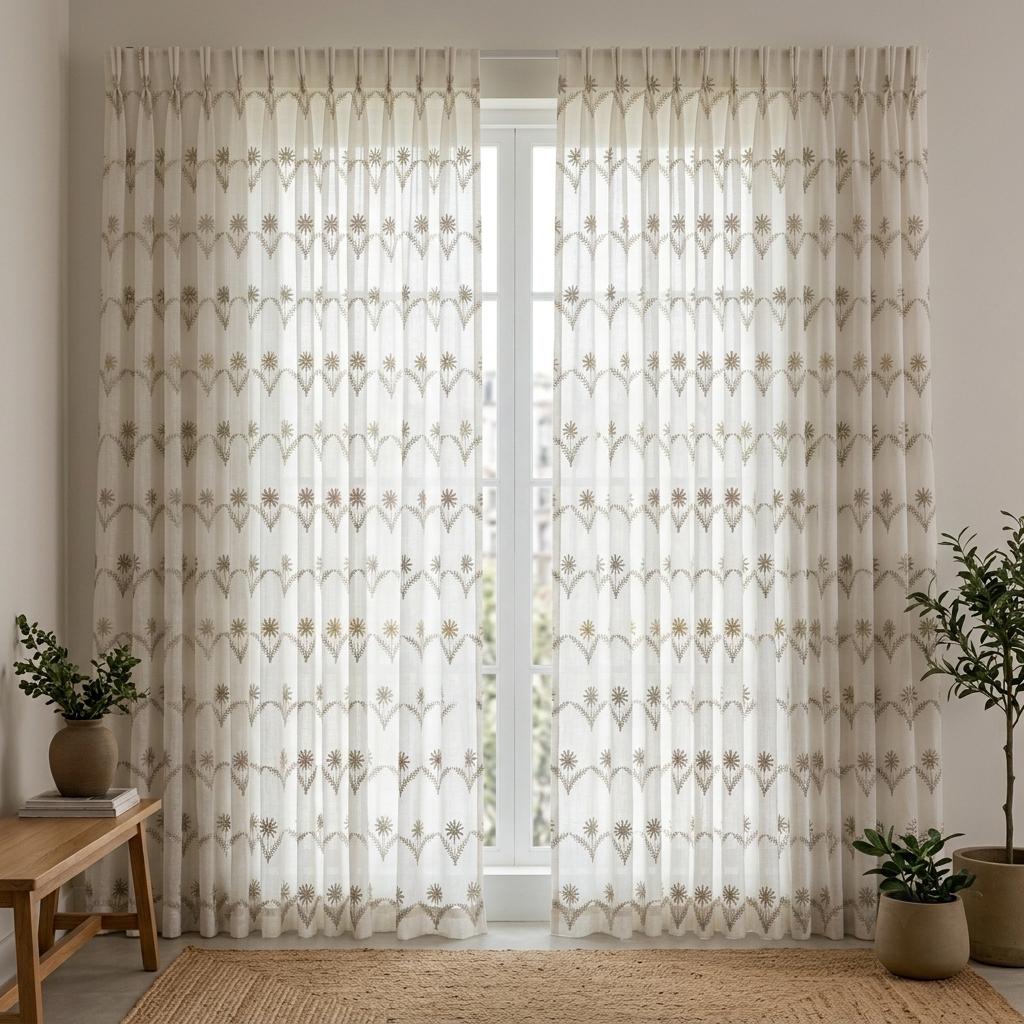 White Pure Linen Sheer Curtains, Greige Taupe Embroidered Daisy Floral, Custom Light Filtering Drapes — image 5