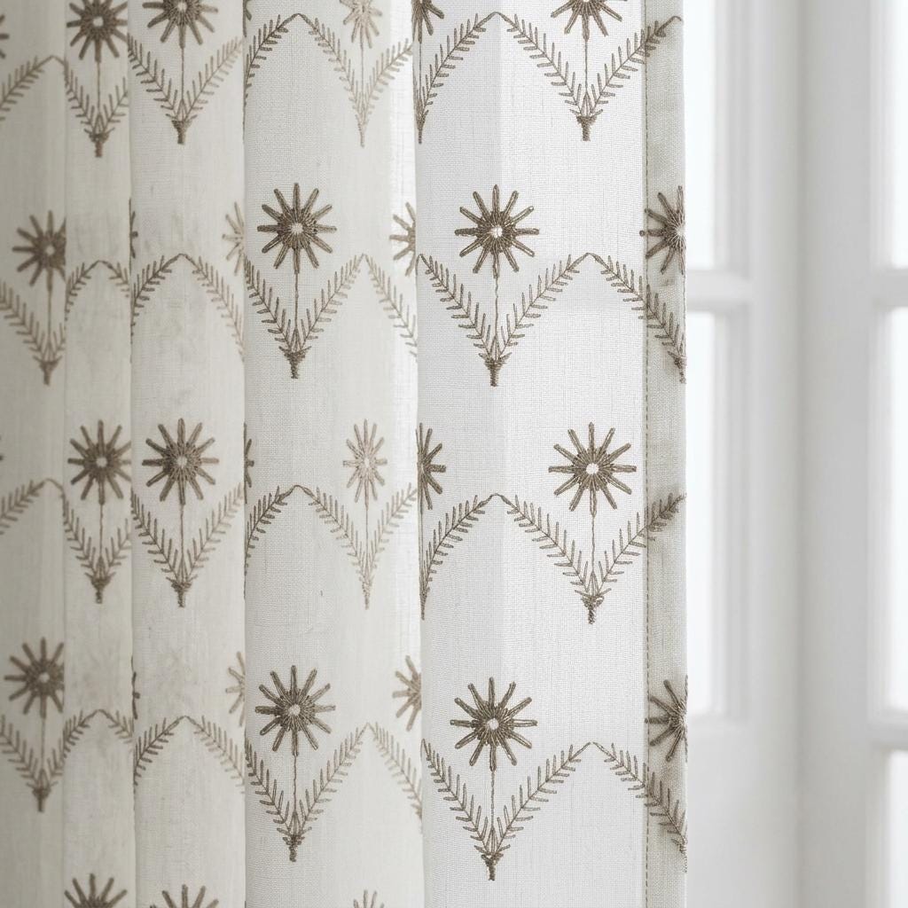 White Pure Linen Sheer Curtains, Greige Taupe Embroidered Daisy Floral, Custom Light Filtering Drapes — image 1