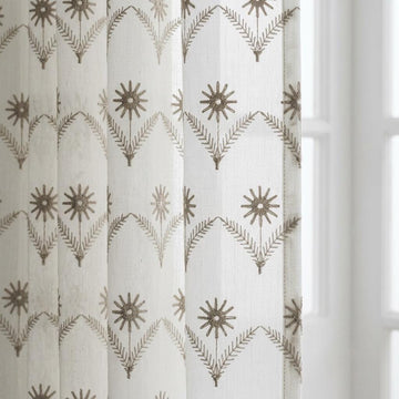 White Pure Linen Sheer Curtains, Greige Taupe Embroidered Daisy Floral, Custom Light Filtering Drapes — image 1