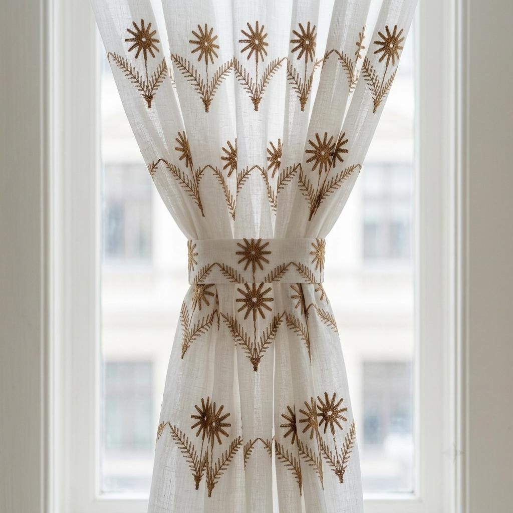 White Pure Linen Sheer Curtains, Golden Brown Embroidered Daisy Floral, Custom Light Filtering Drapes — image 2