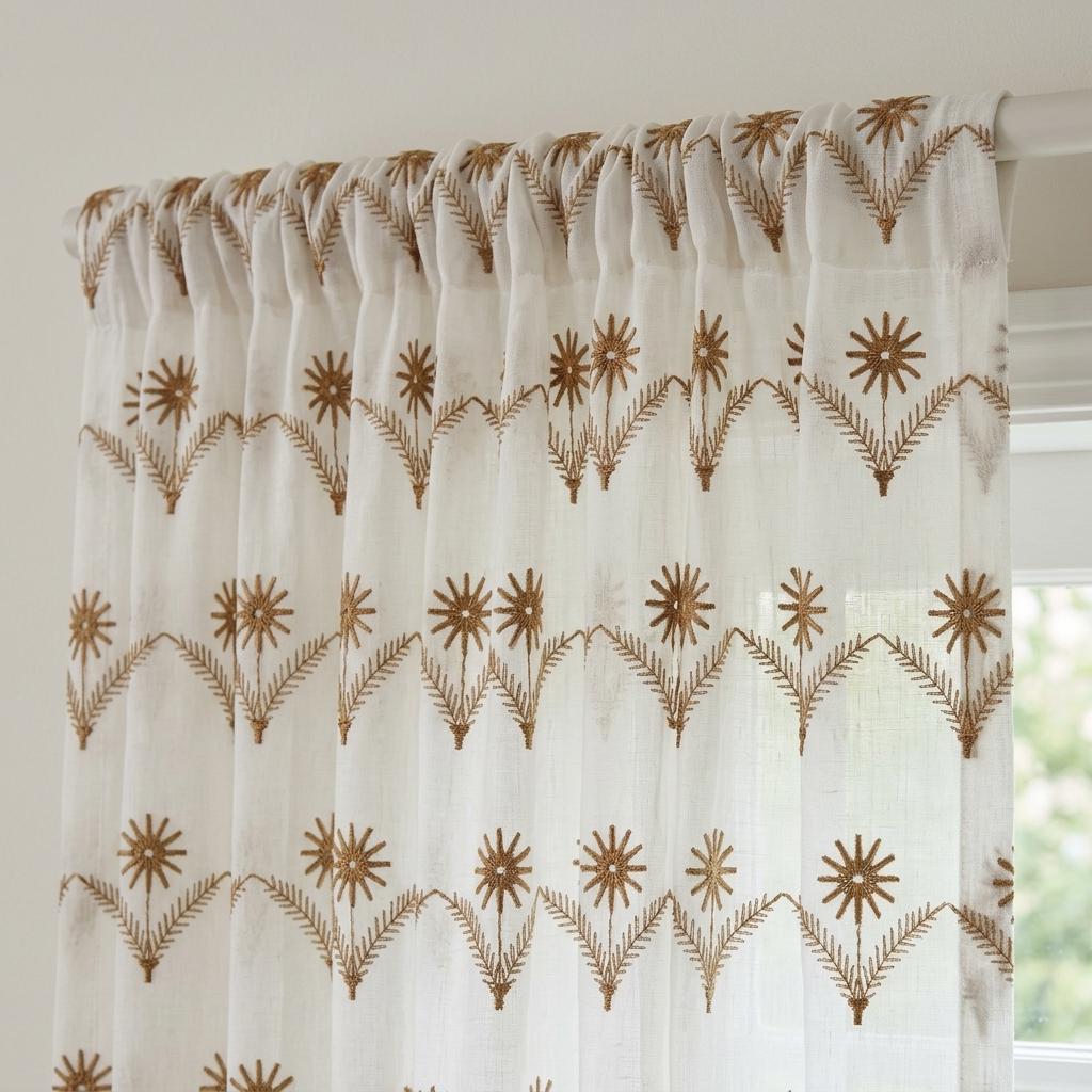 White Pure Linen Sheer Curtains, Golden Brown Embroidered Daisy Floral, Custom Light Filtering Drapes — image 3