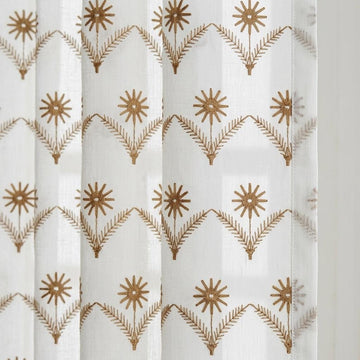 White Pure Linen Sheer Curtains, Golden Brown Embroidered Daisy Floral, Custom Light Filtering Drapes — image 1