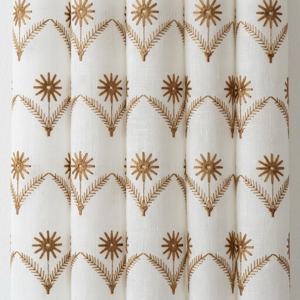 White Pure Linen Sheer Curtains, Golden Brown Embroidered Daisy Floral, Custom Light Filtering Drapes — image 6