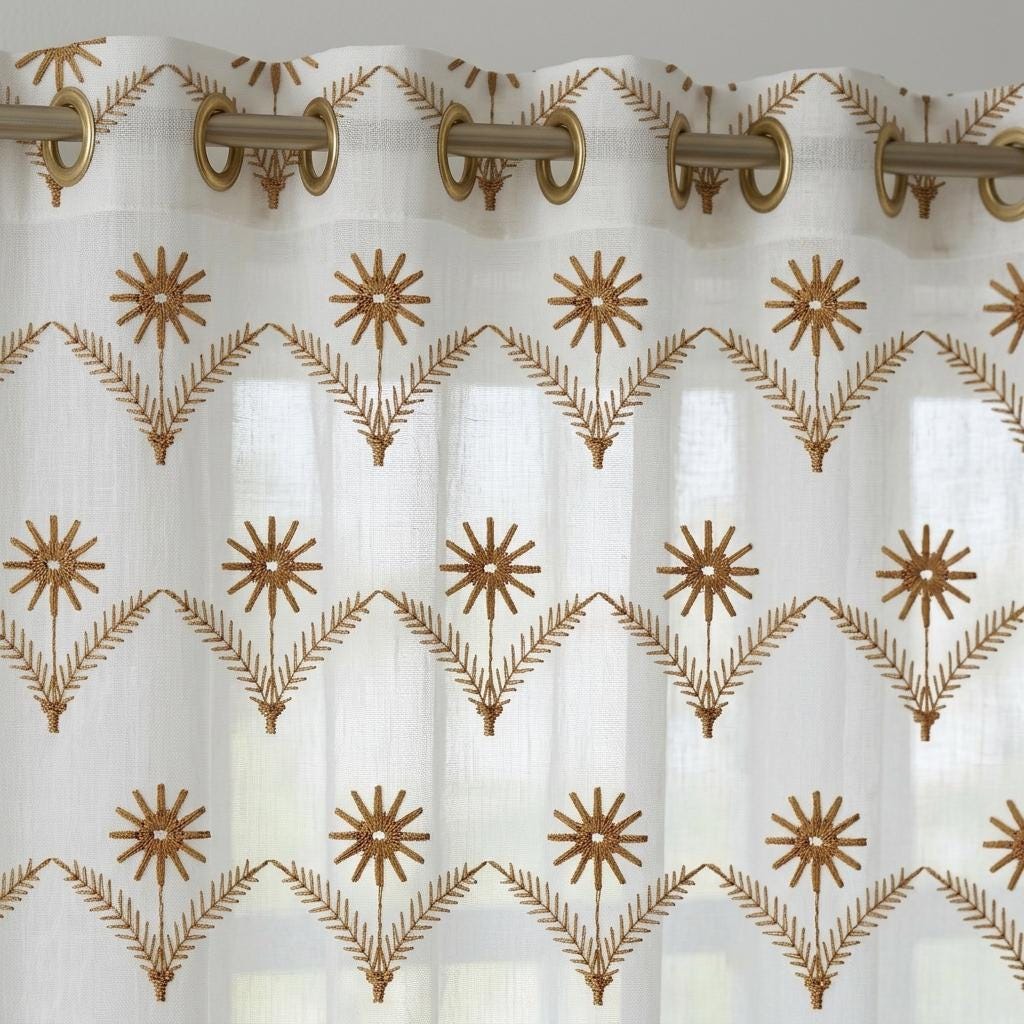White Pure Linen Sheer Curtains, Golden Brown Embroidered Daisy Floral, Custom Light Filtering Drapes — image 7