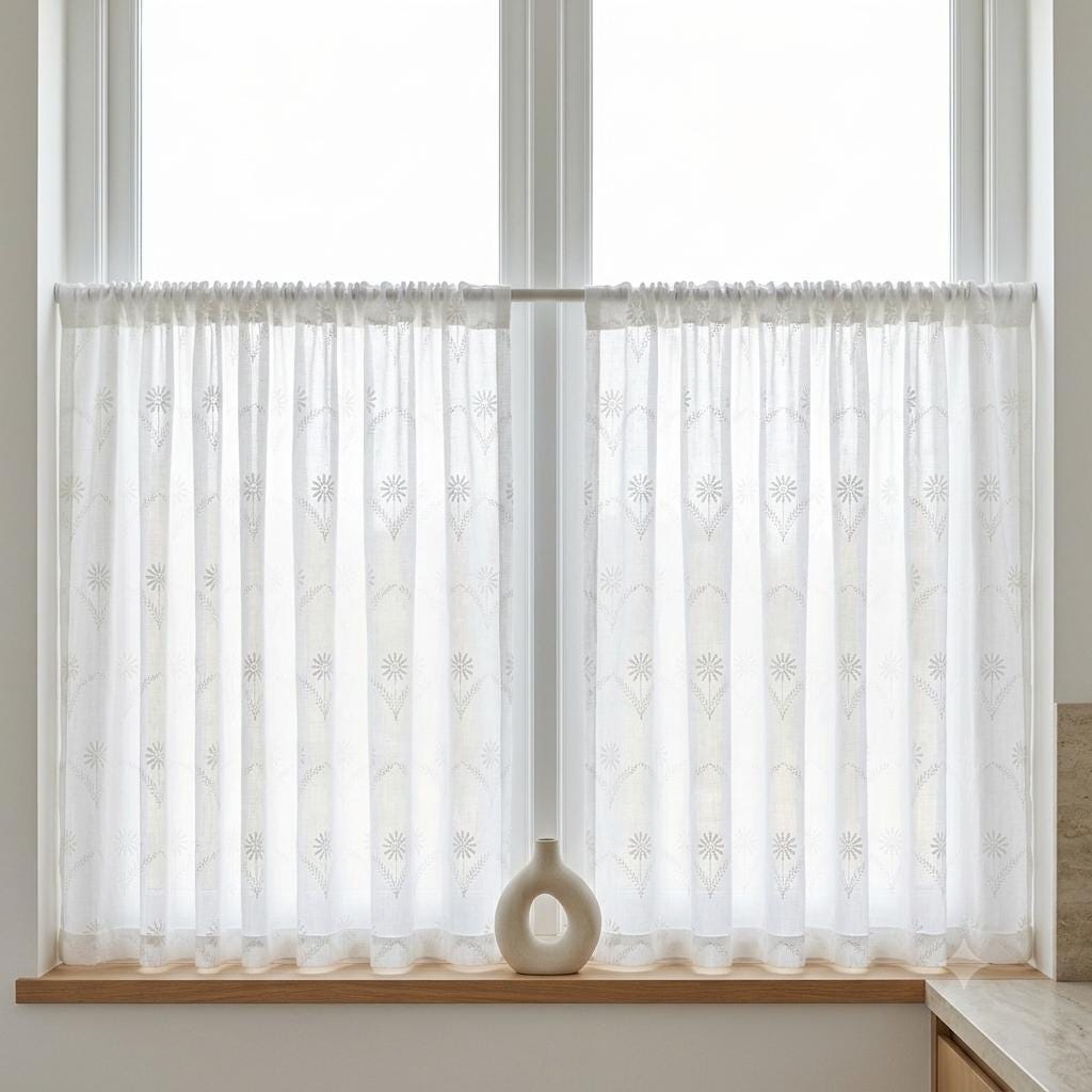 White Pure Linen Sheer Curtains, White on White Embroidered Daisy Floral, Custom Light Filtering Drapes — image 9