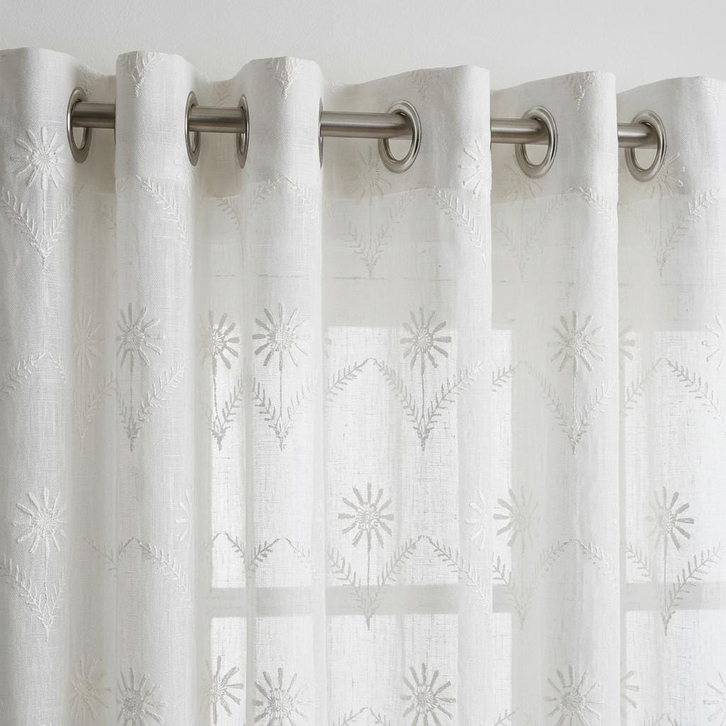 White Pure Linen Sheer Curtains, White on White Embroidered Daisy Floral, Custom Light Filtering Drapes — image 7