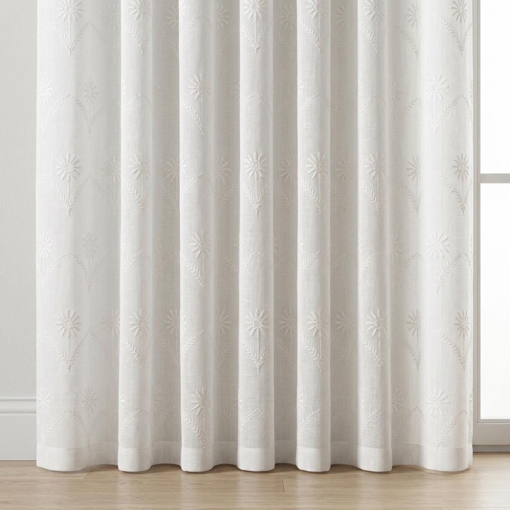 White Pure Linen Sheer Curtains, White on White Embroidered Daisy Floral, Custom Light Filtering Drapes — image 8