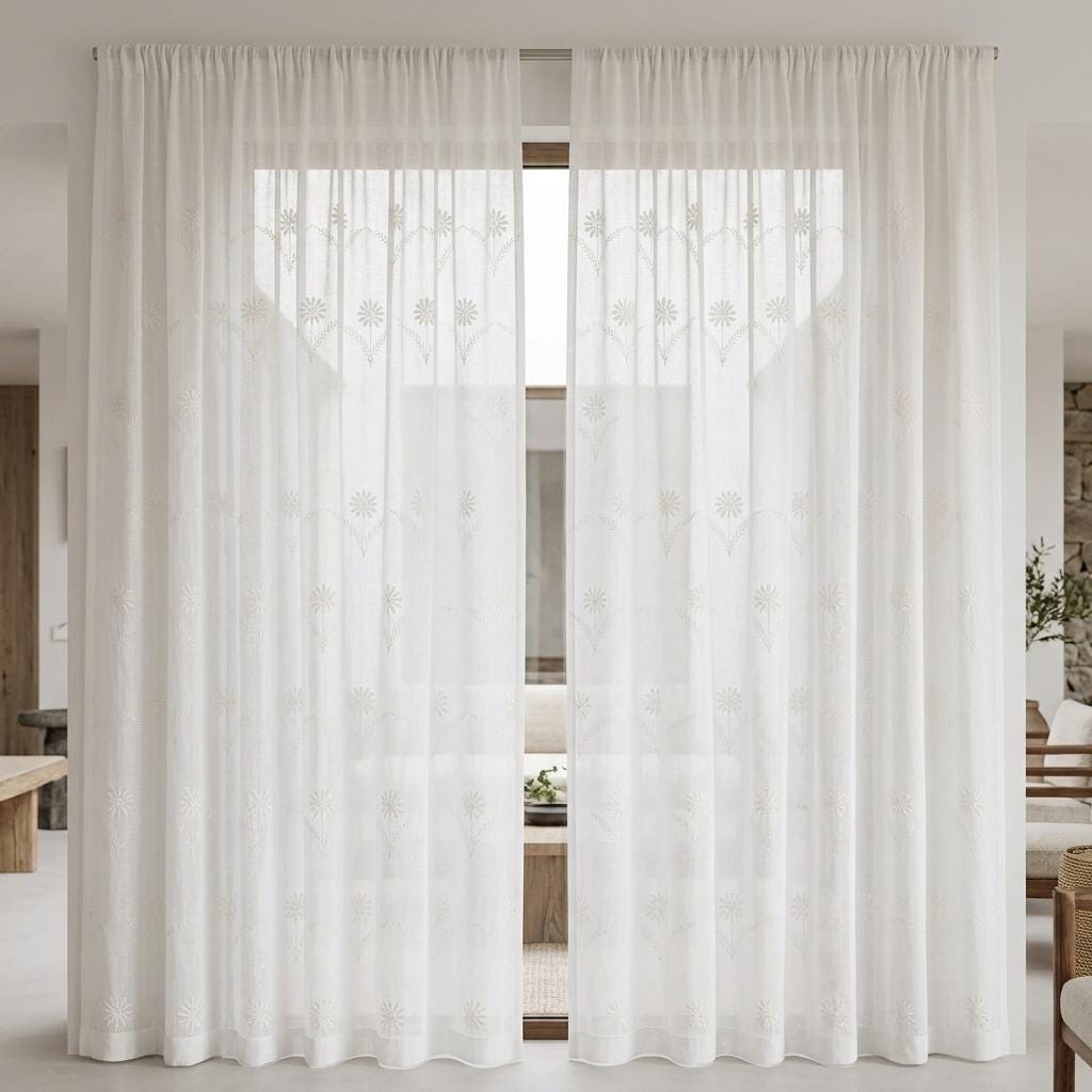 White Pure Linen Sheer Curtains, White on White Embroidered Daisy Floral, Custom Light Filtering Drapes — image 10