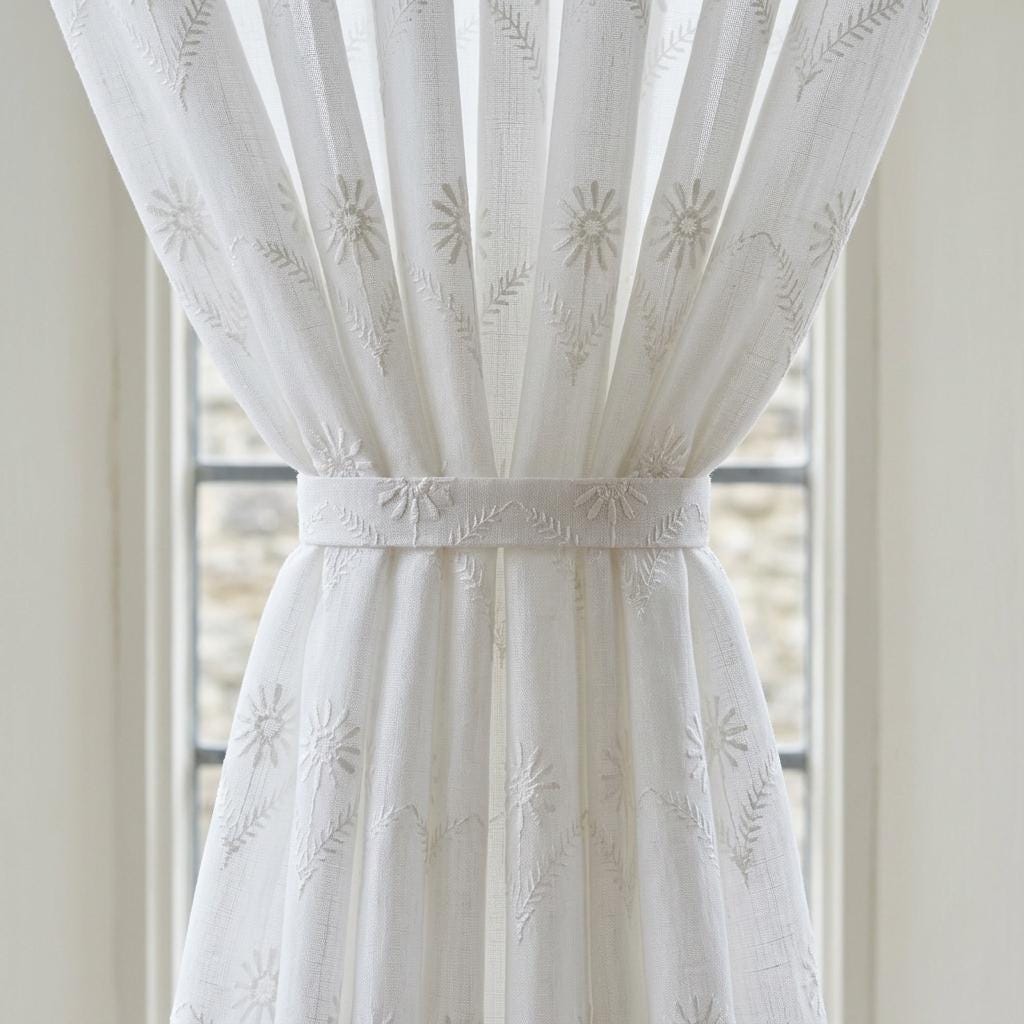 White Pure Linen Sheer Curtains, White on White Embroidered Daisy Floral, Custom Light Filtering Drapes — image 1