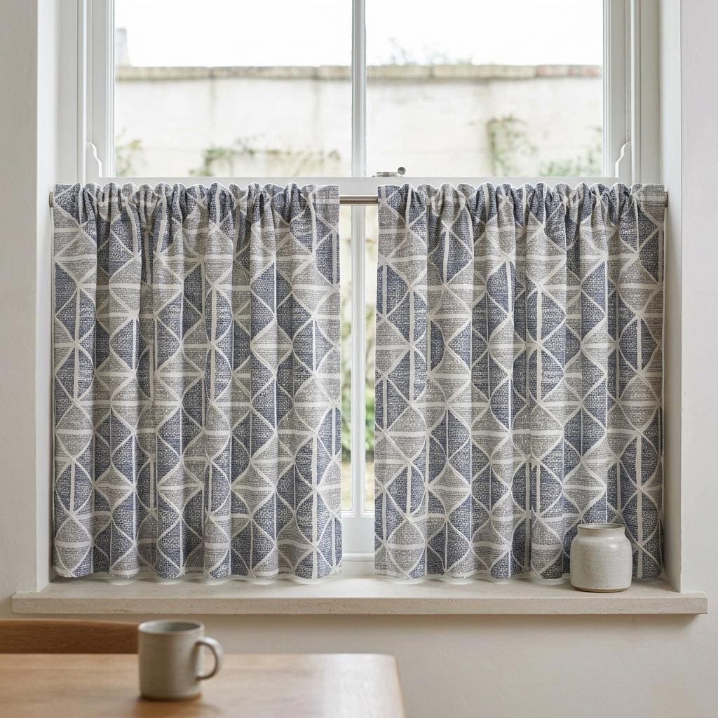 Ivory Navy Blue Grey Geometric Pure Linen Curtains, Embroidered Printed Diamond Drapes, Custom Blackout or Light Filtering — image 6