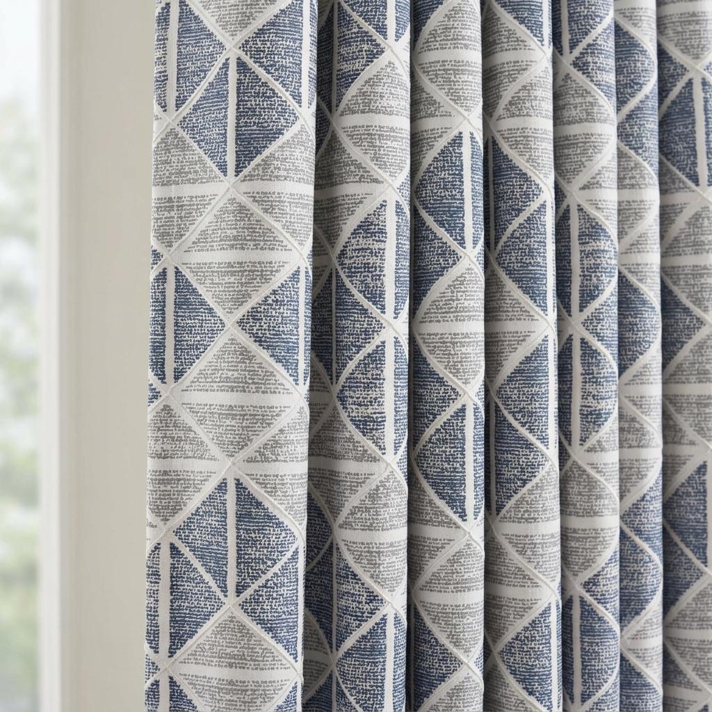 Ivory Navy Blue Grey Geometric Pure Linen Curtains, Embroidered Printed Diamond Drapes, Custom Blackout or Light Filtering — image 1