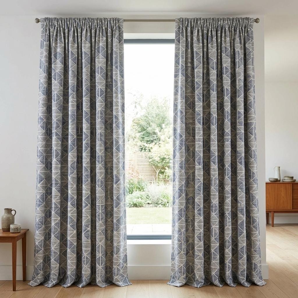 Ivory Navy Blue Grey Geometric Pure Linen Curtains, Embroidered Printed Diamond Drapes, Custom Blackout or Light Filtering — image 7