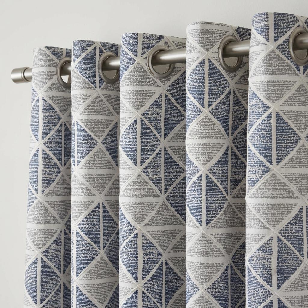 Ivory Navy Blue Grey Geometric Pure Linen Curtains, Embroidered Printed Diamond Drapes, Custom Blackout or Light Filtering — image 10