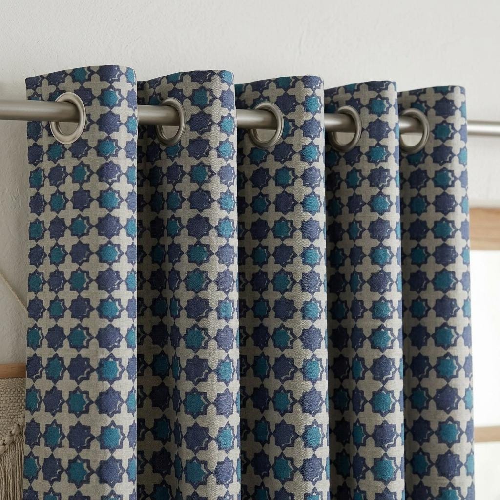 Navy Teal Moroccan Pure Linen Curtains, Beige Geometric Print, Custom Blackout or Light Filtering — image 8