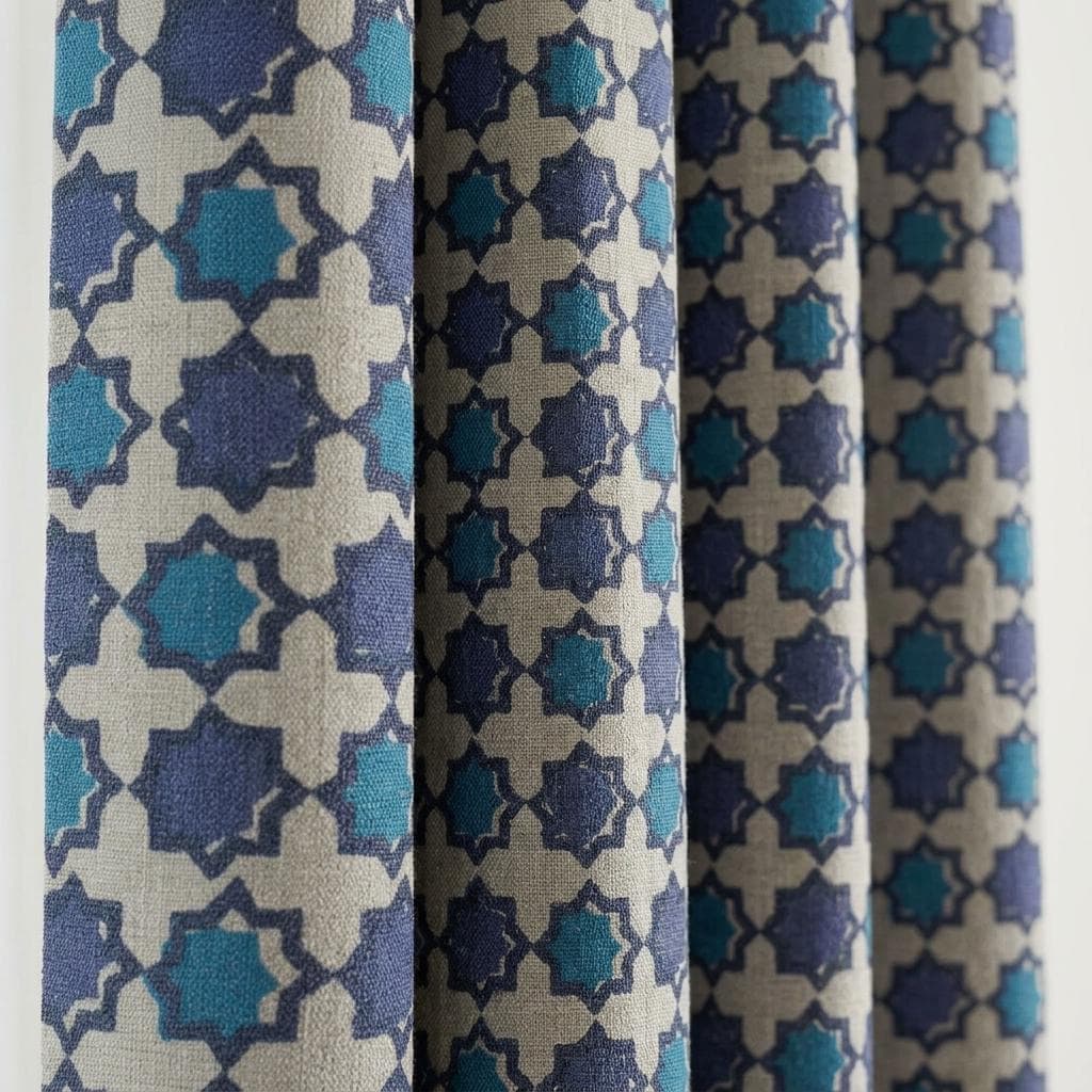 Navy Teal Moroccan Pure Linen Curtains, Beige Geometric Print, Custom Blackout or Light Filtering — image 6