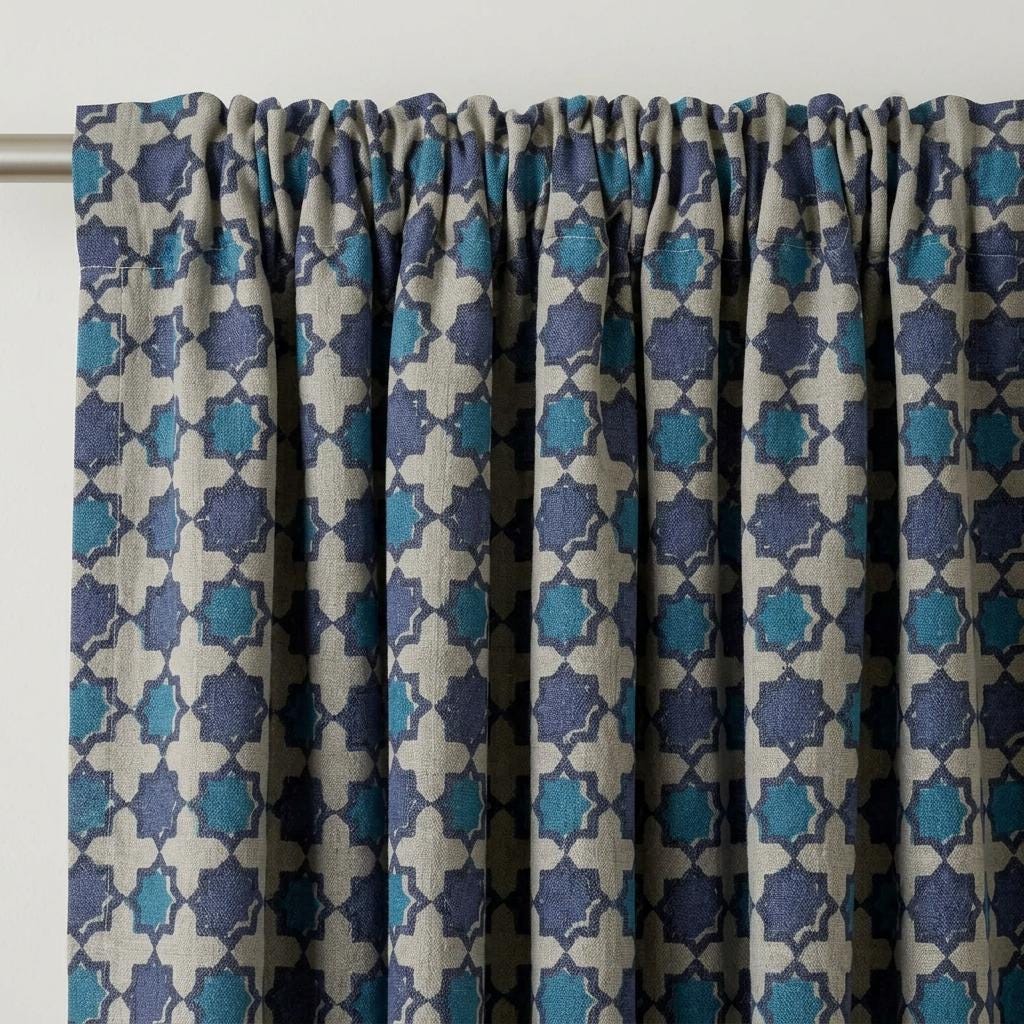 Navy Teal Moroccan Pure Linen Curtains, Beige Geometric Print, Custom Blackout or Light Filtering — image 3