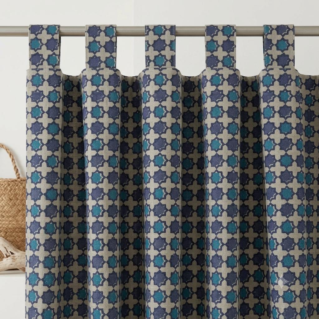 Navy Teal Moroccan Pure Linen Curtains, Beige Geometric Print, Custom Blackout or Light Filtering — image 9
