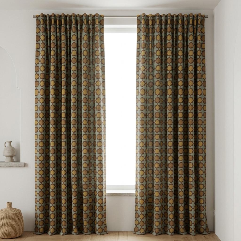 Sage Mustard Brown Pure Linen Curtains, Moroccan Geometric Print, Custom Blackout or Light Filtering — image 4