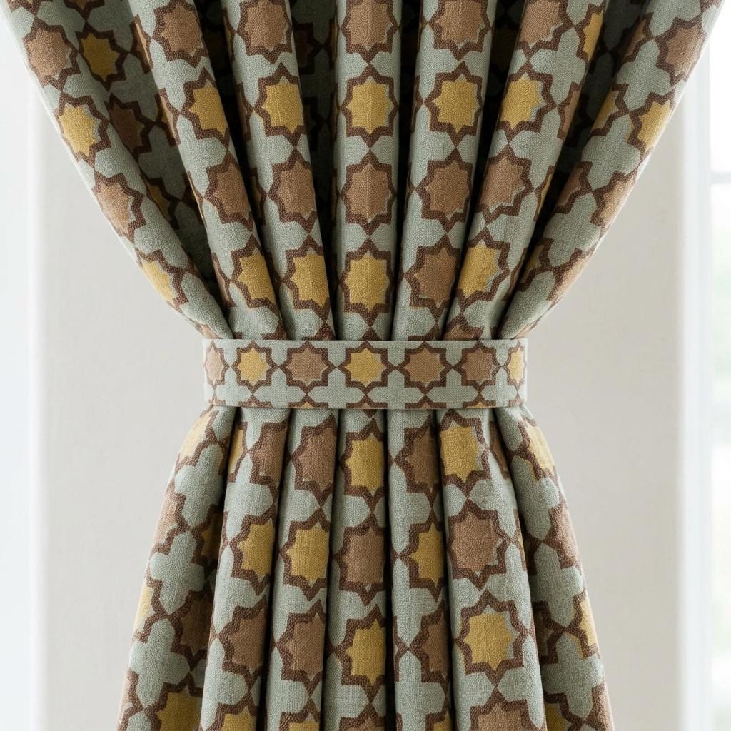 Sage Mustard Brown Pure Linen Curtains, Moroccan Geometric Print, Custom Blackout or Light Filtering — image 6