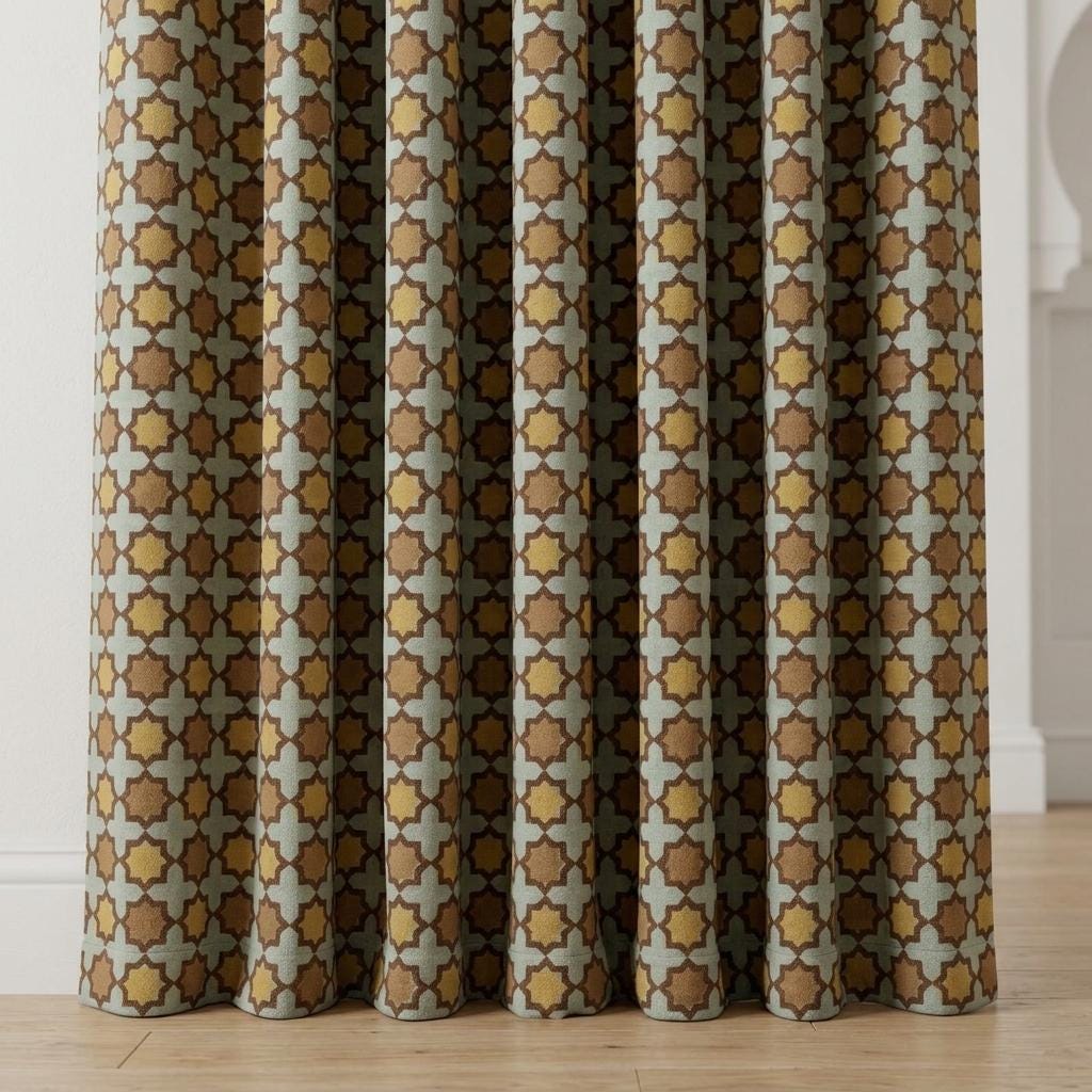 Sage Mustard Brown Pure Linen Curtains, Moroccan Geometric Print, Custom Blackout or Light Filtering — image 3