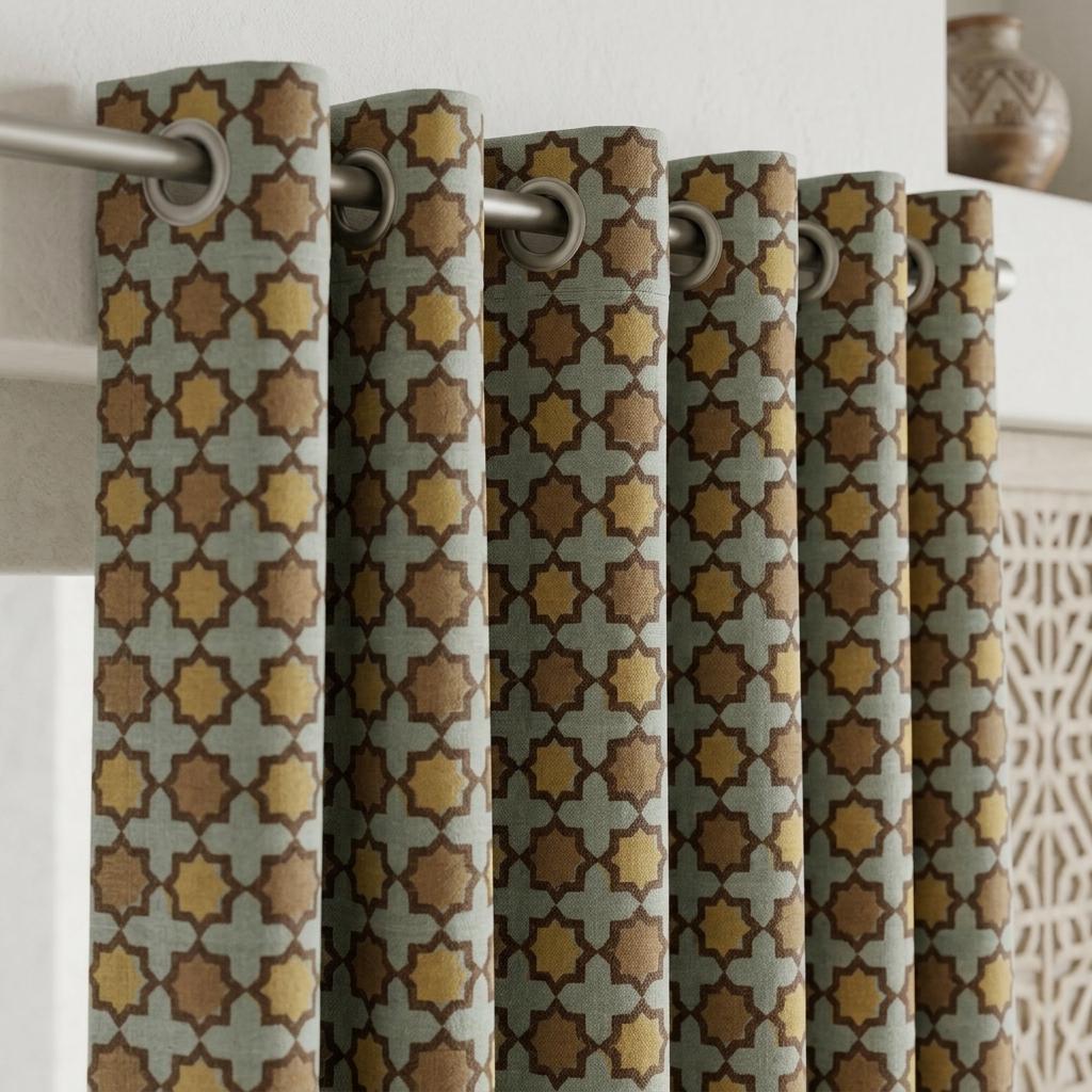 Sage Mustard Brown Pure Linen Curtains, Moroccan Geometric Print, Custom Blackout or Light Filtering — image 2