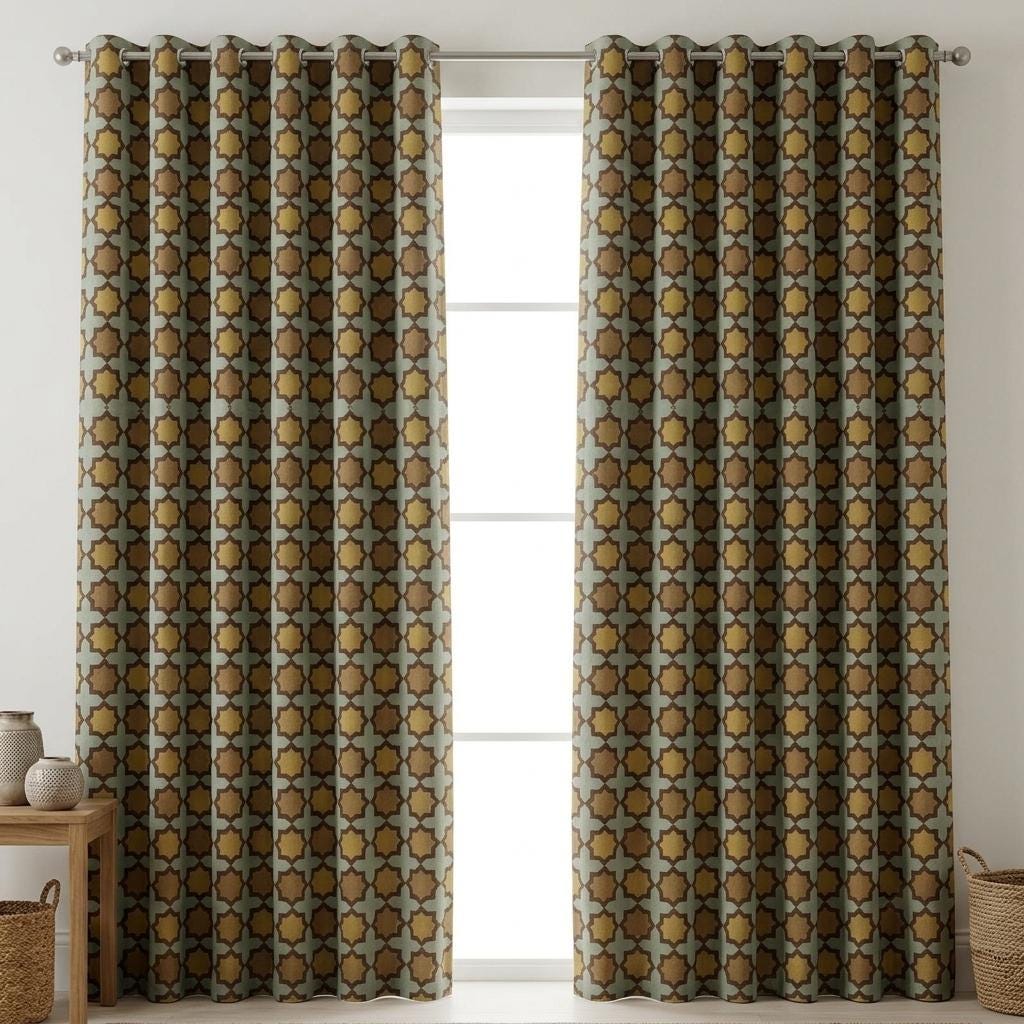Sage Mustard Brown Pure Linen Curtains, Moroccan Geometric Print, Custom Blackout or Light Filtering — image 9