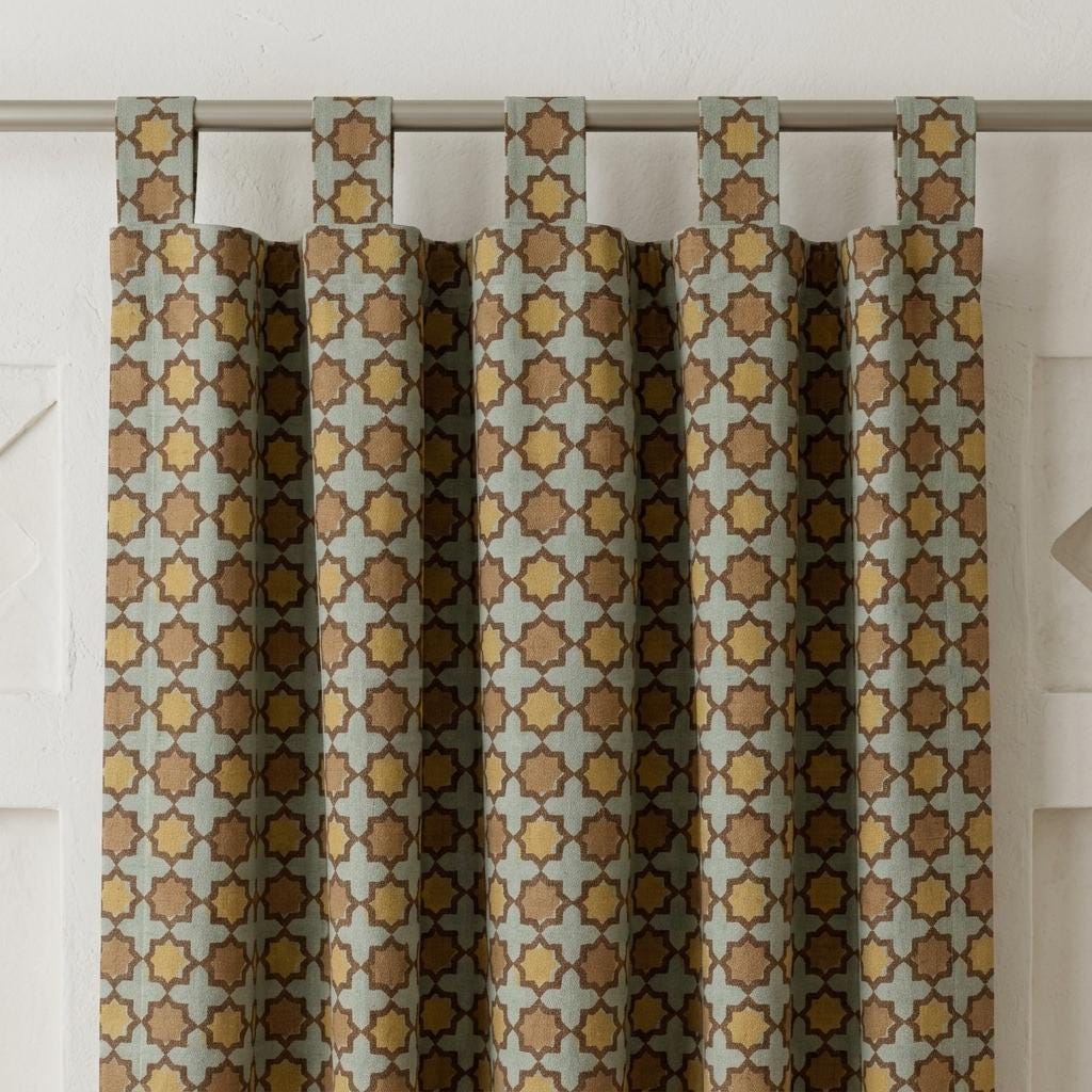 Sage Mustard Brown Pure Linen Curtains, Moroccan Geometric Print, Custom Blackout or Light Filtering — image 8