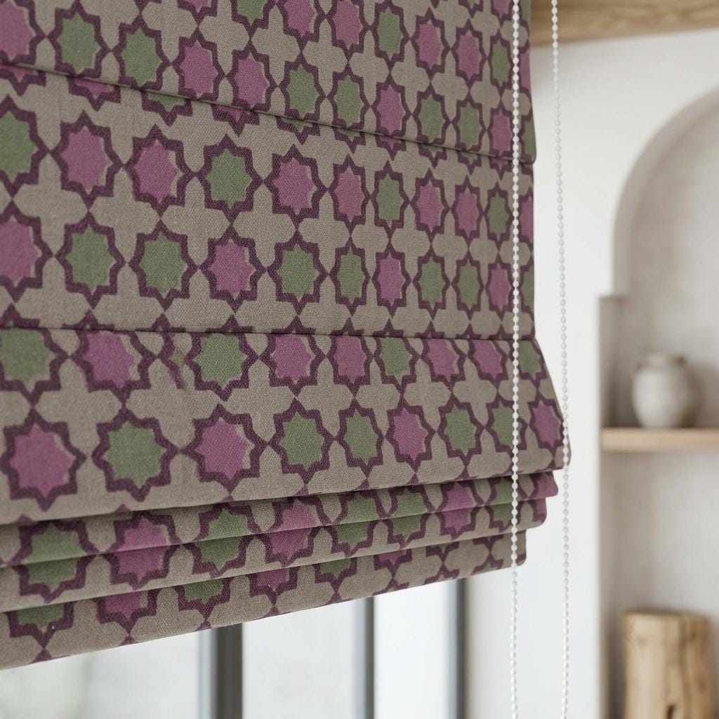 Dusty Pink Sage Linen Roman Shade, Beige Plum Moroccan Geometric Blind, Custom Blackout or Light Filtering — image 9