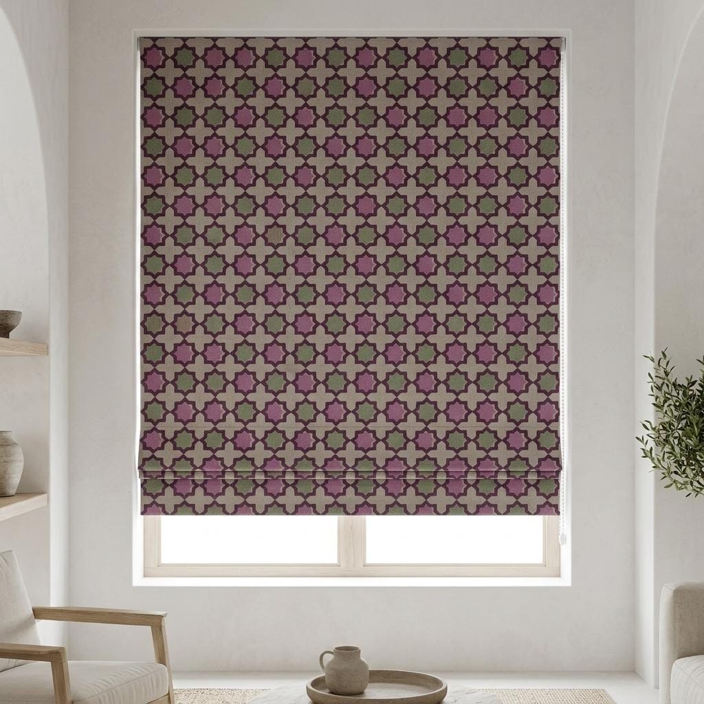 Dusty Pink Sage Linen Roman Shade, Beige Plum Moroccan Geometric Blind, Custom Blackout or Light Filtering — image 6