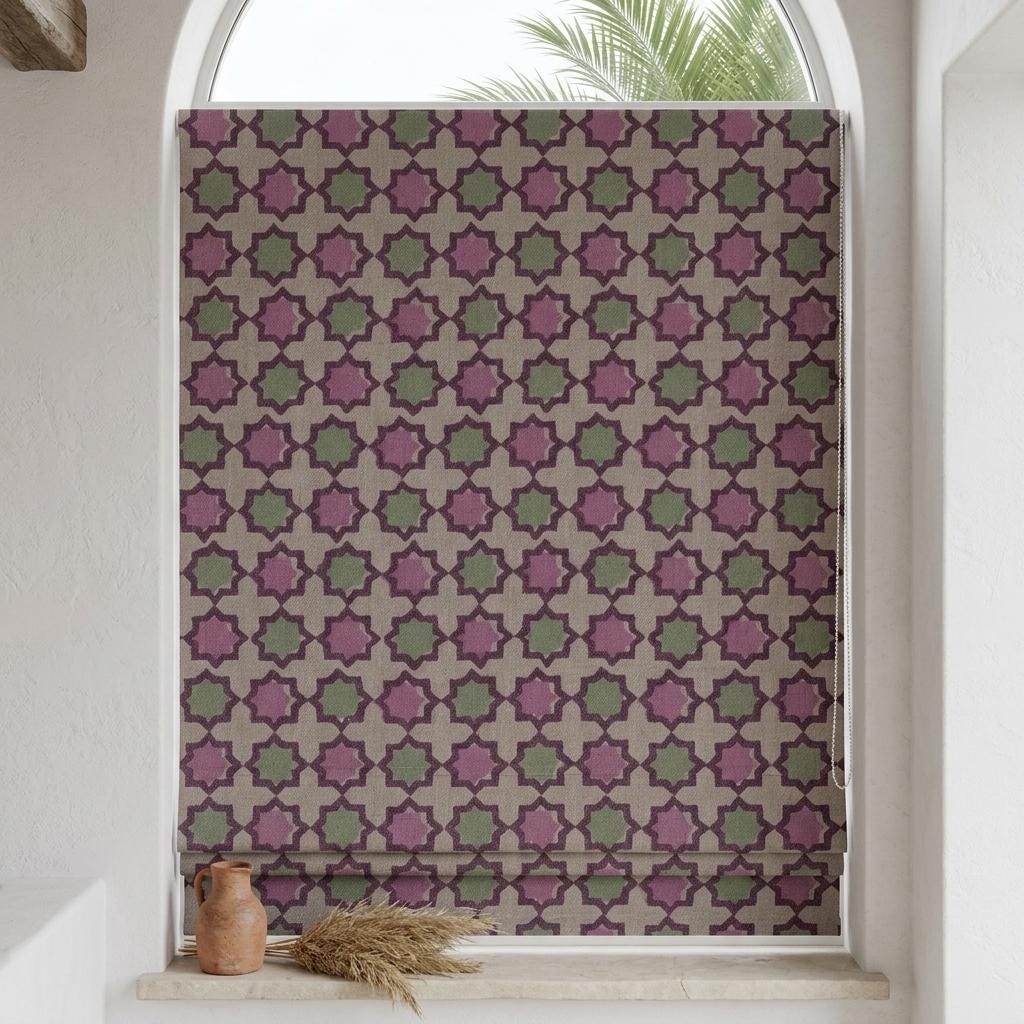 Dusty Pink Sage Linen Roman Shade, Beige Plum Moroccan Geometric Blind, Custom Blackout or Light Filtering — image 1