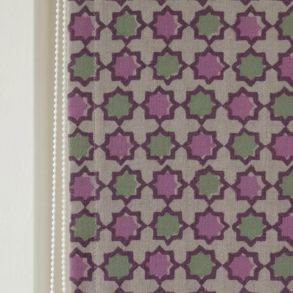 Dusty Pink Sage Linen Roman Shade, Beige Plum Moroccan Geometric Blind, Custom Blackout or Light Filtering — image 3