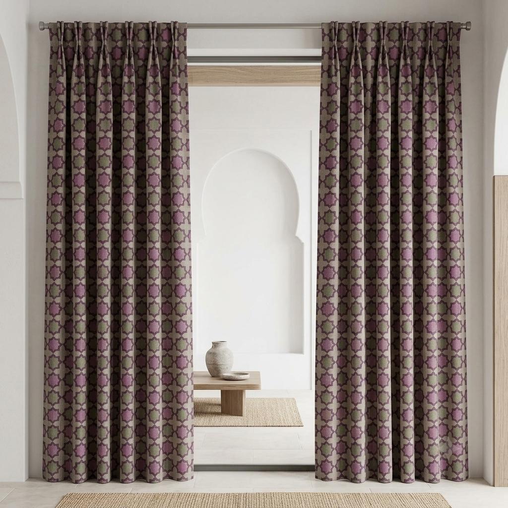 Dusty Pink Sage Pure Linen Curtains, Plum Moroccan Geometric Print, Blackout or Light Filtering — image 7