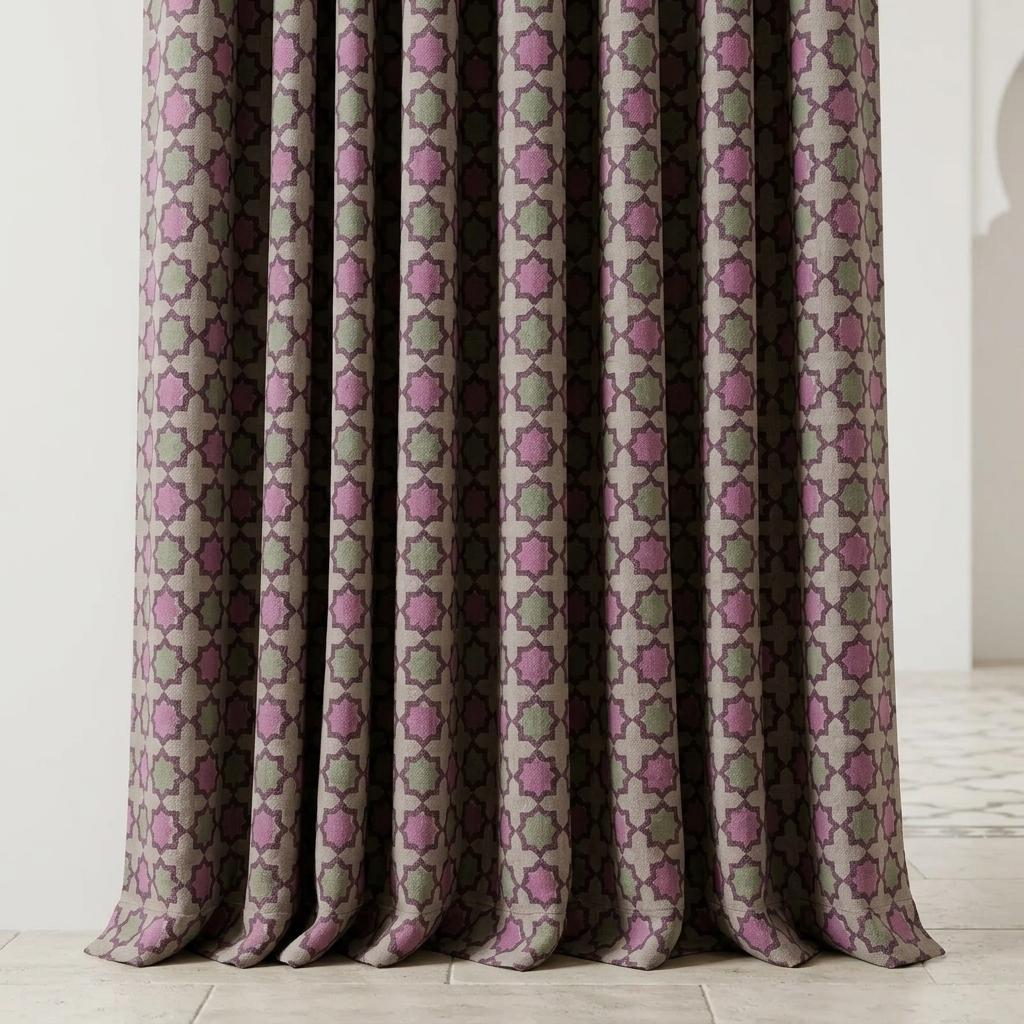 Dusty Pink Sage Pure Linen Curtains, Plum Moroccan Geometric Print, Blackout or Light Filtering — image 3