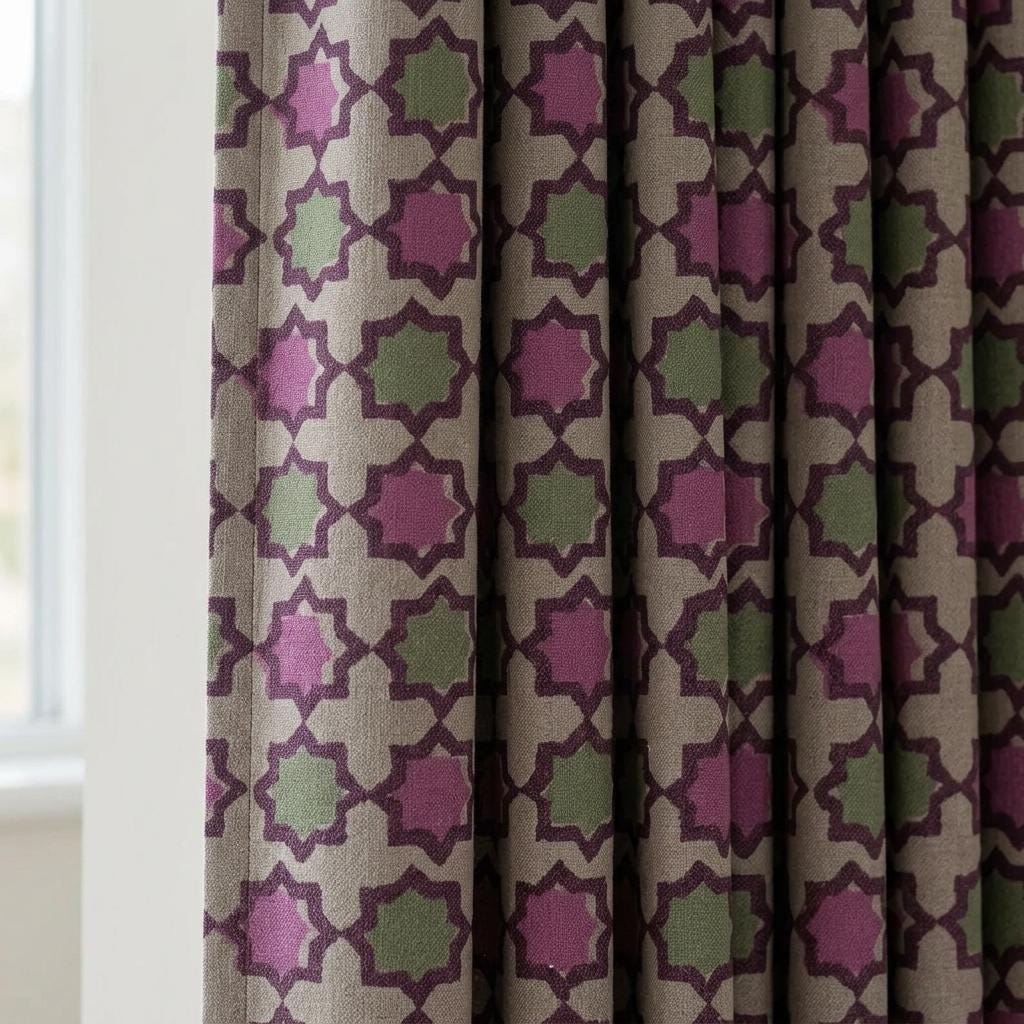 Dusty Pink Sage Pure Linen Curtains, Plum Moroccan Geometric Print, Blackout or Light Filtering — image 1