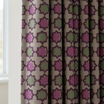 Dusty Pink Sage Pure Linen Curtains, Plum Moroccan Geometric Print, Blackout or Light Filtering — image 1