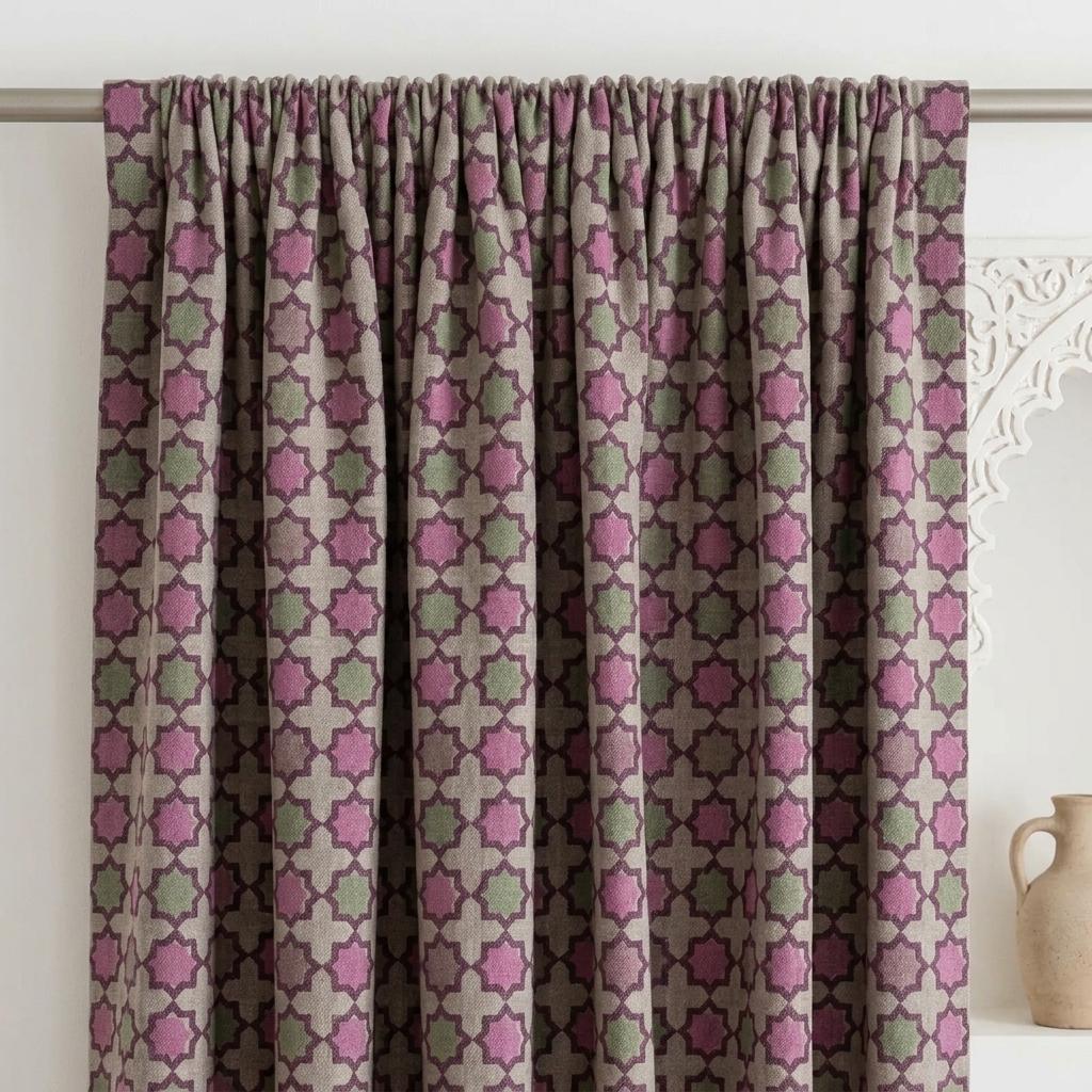 Dusty Pink Sage Pure Linen Curtains, Plum Moroccan Geometric Print, Blackout or Light Filtering — image 6