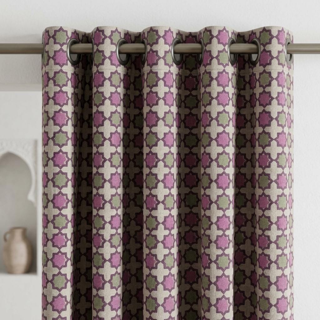 Dusty Pink Sage Pure Linen Curtains, Plum Moroccan Geometric Print, Blackout or Light Filtering — image 2