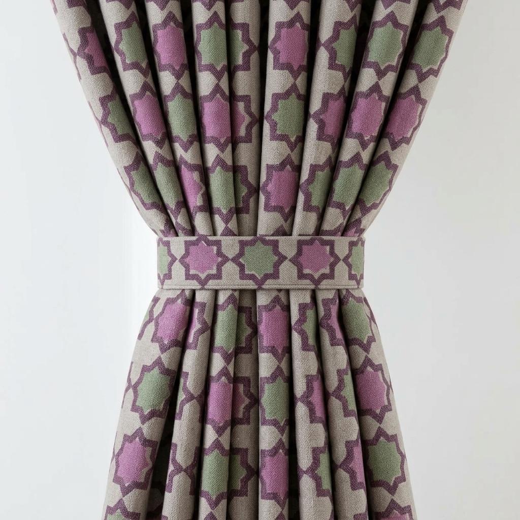 Dusty Pink Sage Pure Linen Curtains, Plum Moroccan Geometric Print, Blackout or Light Filtering — image 9